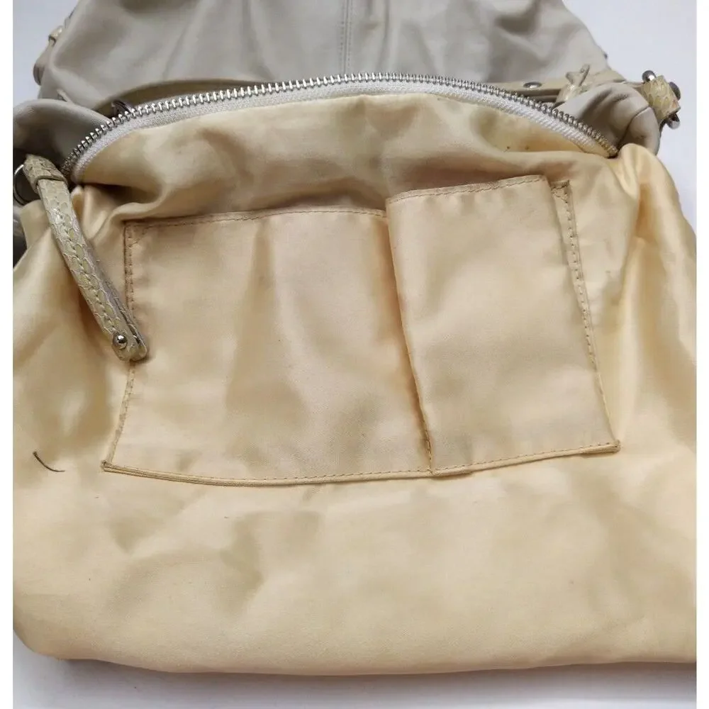 Coach Ivory Soft Leather Snakeskin Detail Zipper Hobo Shoulder Bag